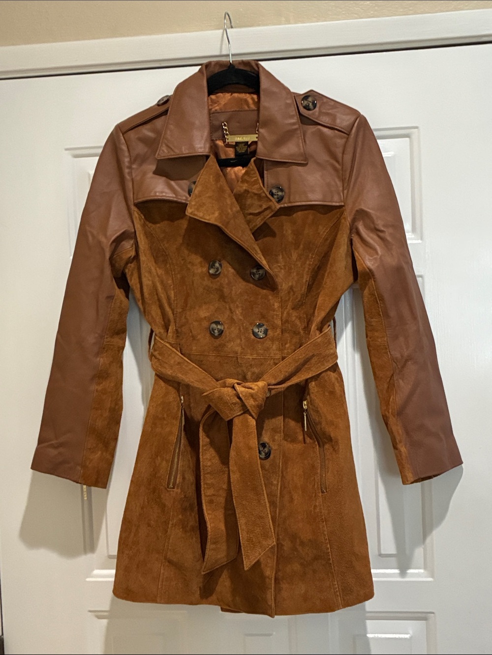 IMAN Brown Suede & leather Trench Coat tie waist with Leather Accents